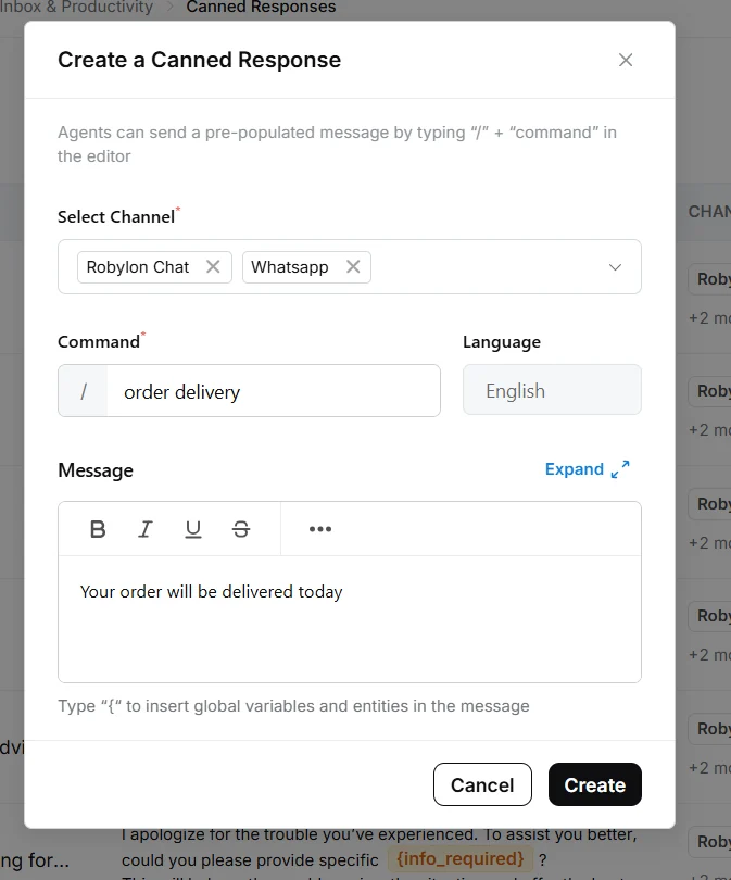 Create a Canned Response dialog with Robylon Chat and Whatsapp selected, the command order delivery and a short delivery message