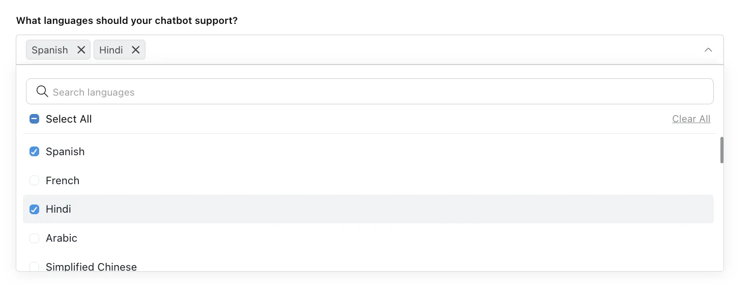 Supported languages dropdown with Spanish and Hindi selected