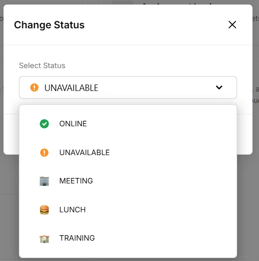 Change Status dialog with the status list open showing Online, Unavailable and custom statuses Meeting, Lunch and Training