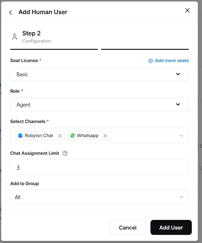 Add Human User step 2 with Seat License, Role, Select Channels, Chat Assignment Limit and Add to Group fields