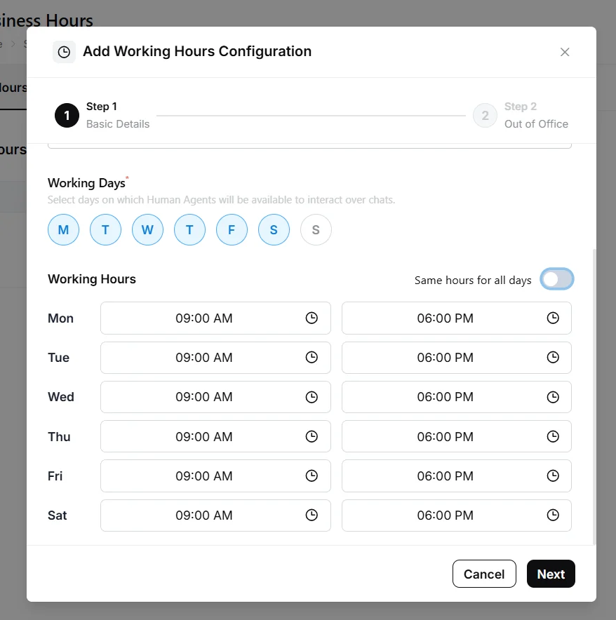 Add Working Hours Configuration step 1 with Monday to Saturday selected and 09:00 AM to 06:00 PM set for each day