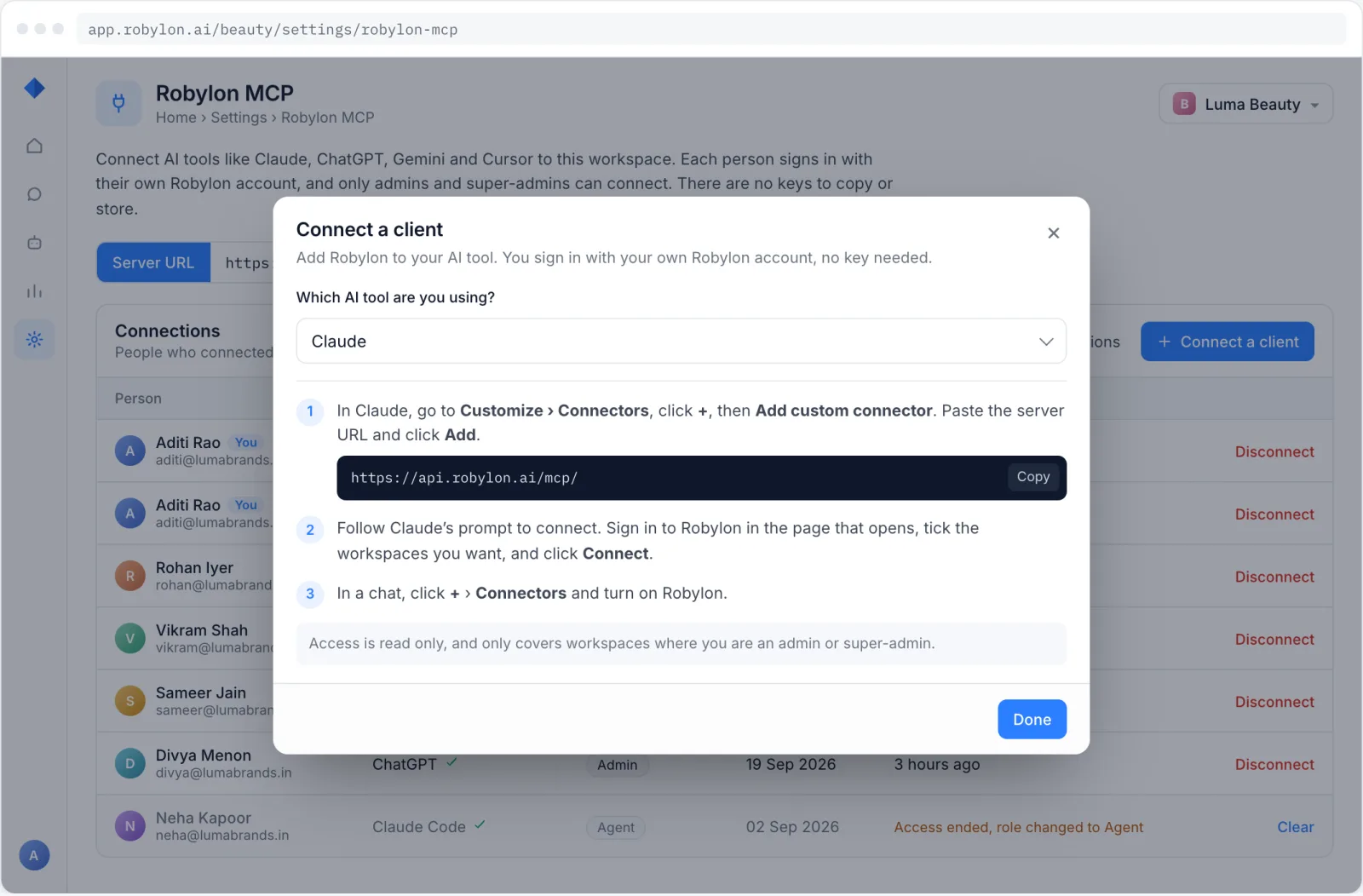 Connect a client dialog with Claude selected and its setup steps