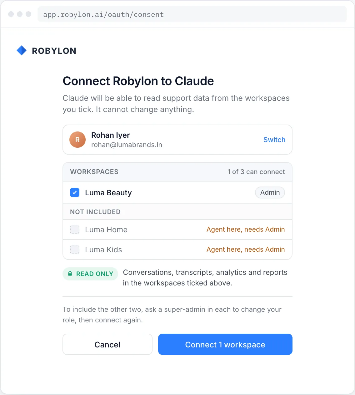 Consent page with one workspace ticked and two listed as Not included because the person is an Agent there