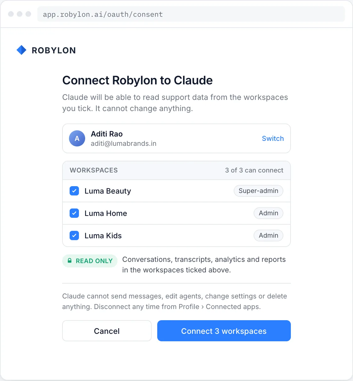 Consent page listing three workspaces with the role in each, all ticked, and a Connect 3 workspaces button