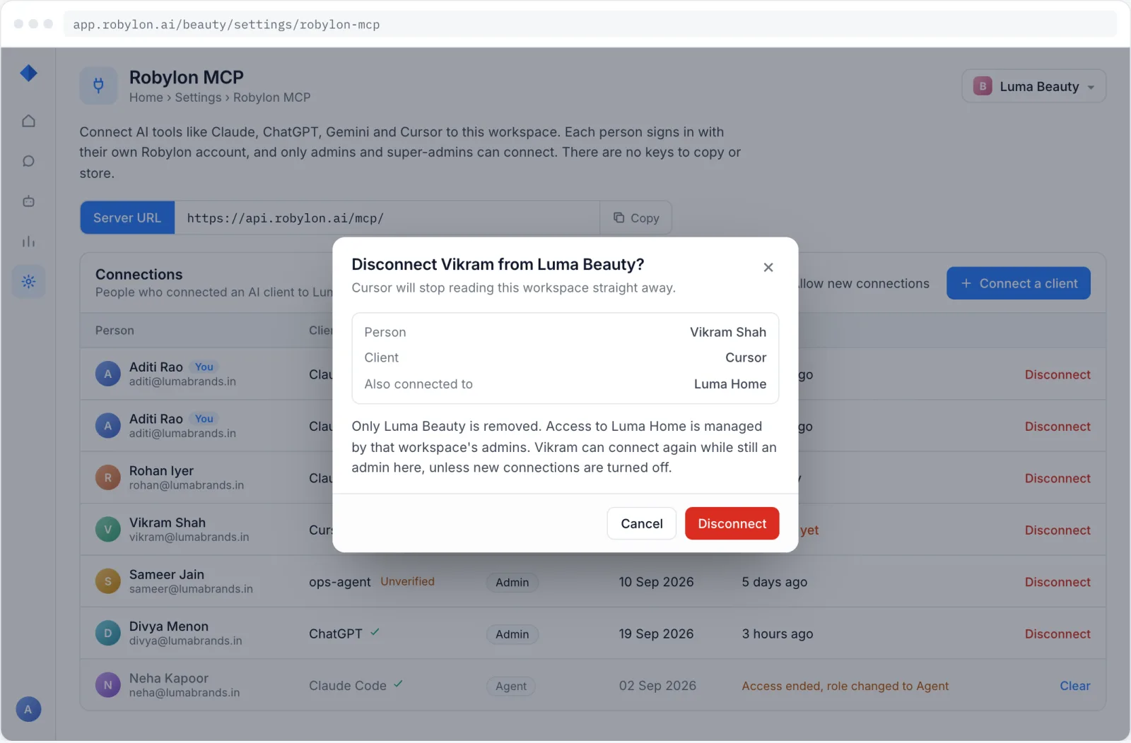 Dialog confirming a disconnect from one workspace, showing the person, the AI tool and their other workspaces