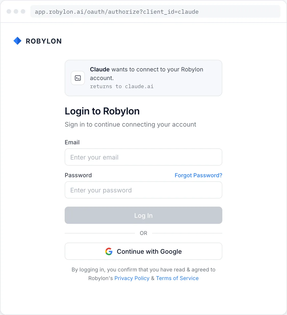 Robylon login page showing which AI tool is asking to connect