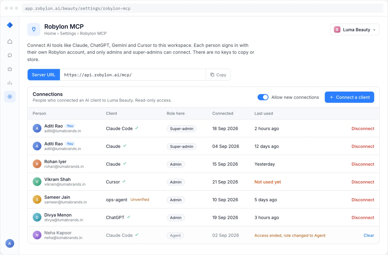 Robylon MCP settings page with the server URL, the Connect a client button and the list of connections