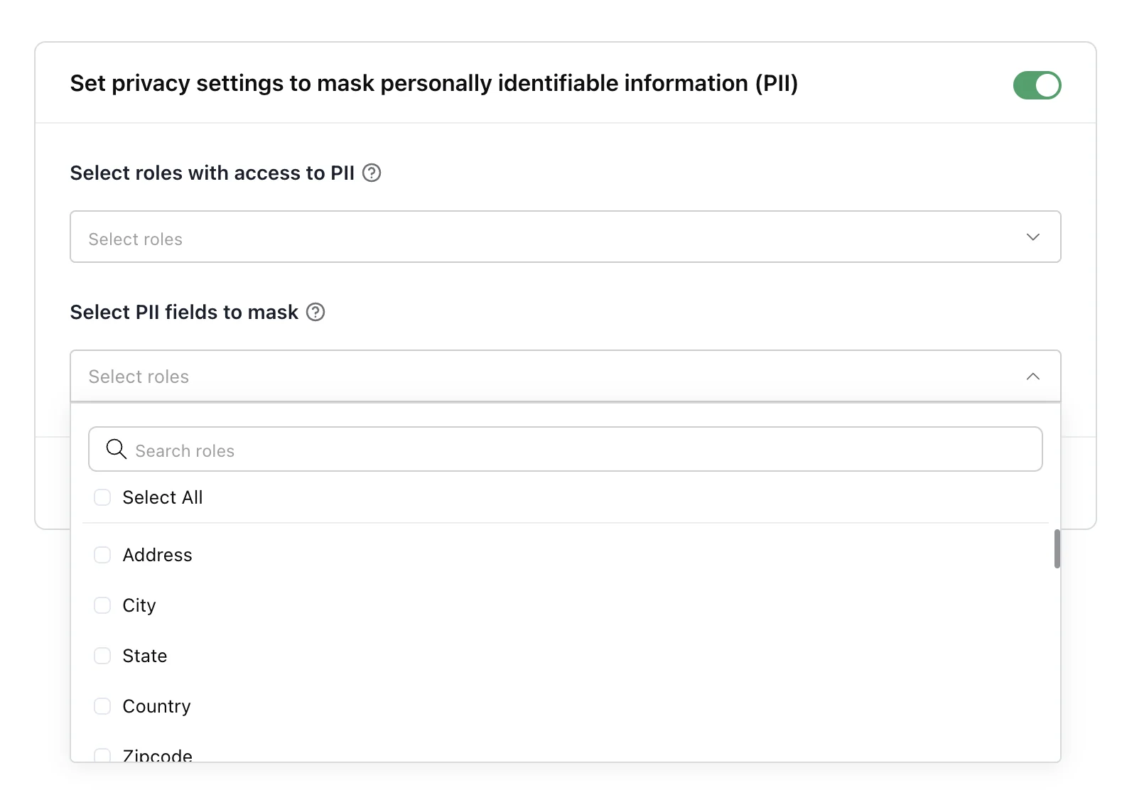 Select PII fields to mask dropdown listing Address, City, State, Country and Zipcode
