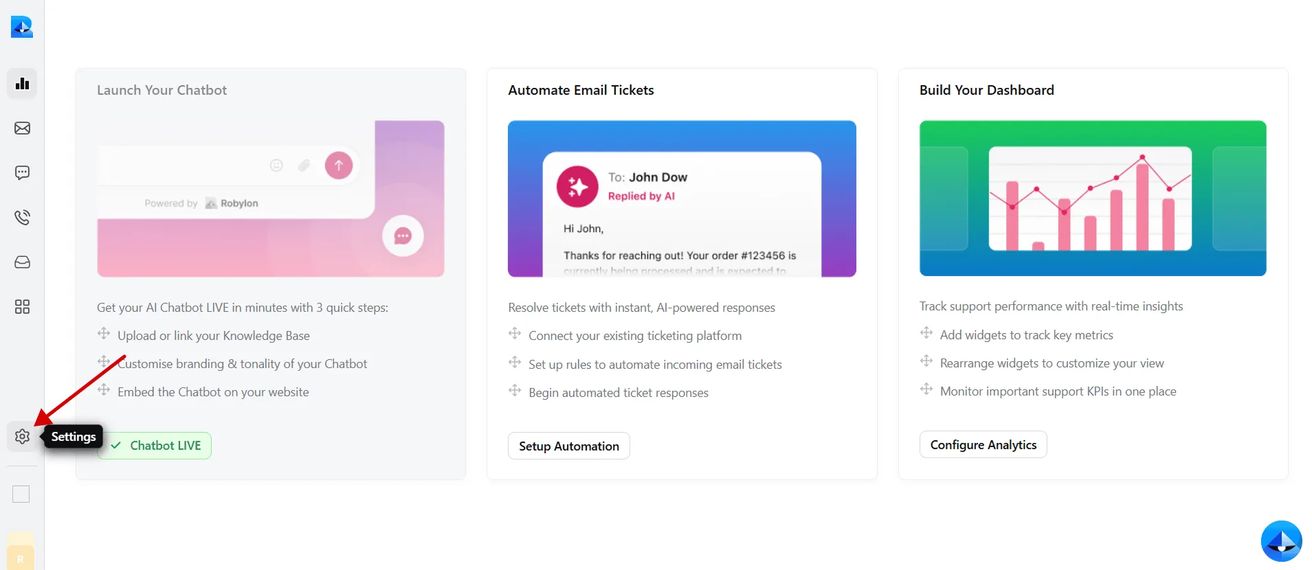 Robylon dashboard with the left sidebar open and Settings selected to configure your chatbot