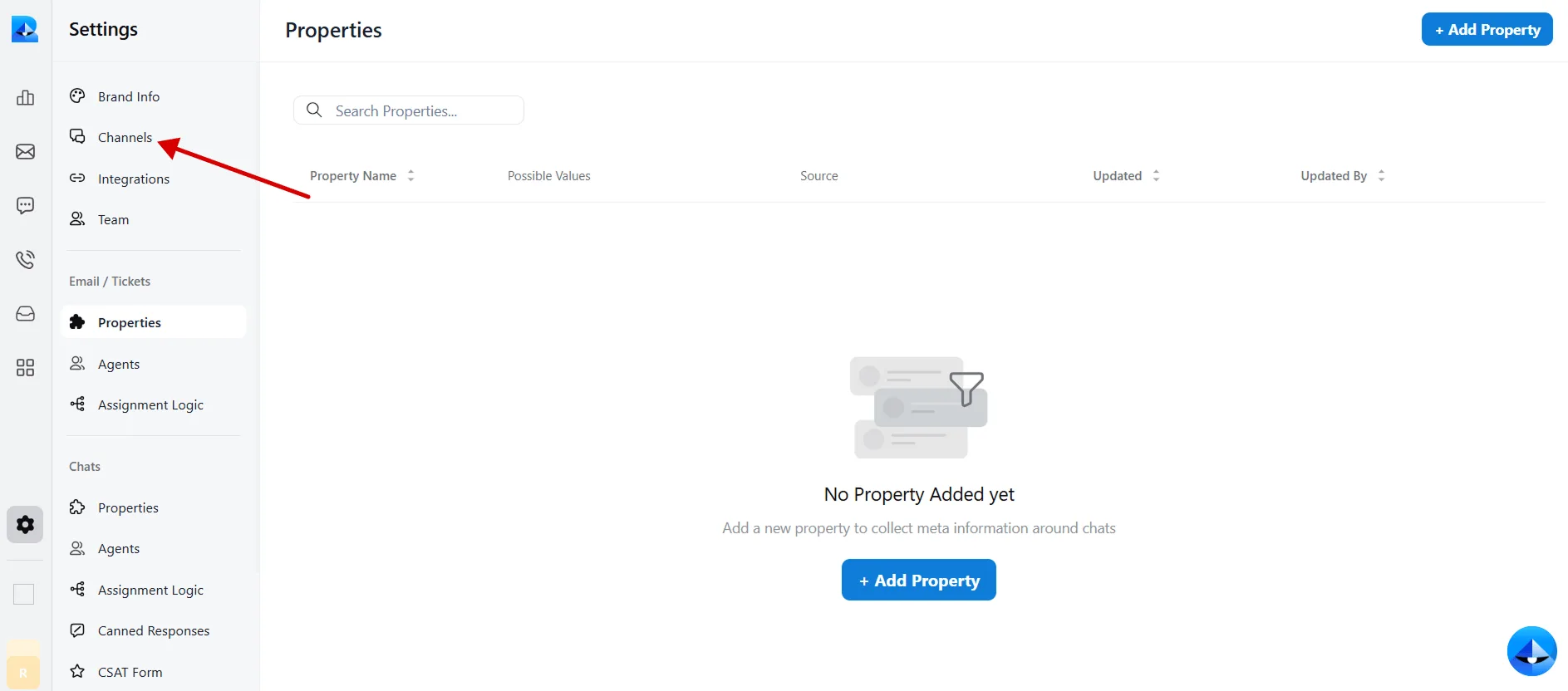 Settings → Channels screen in the Robylon dashboard for bot integrations