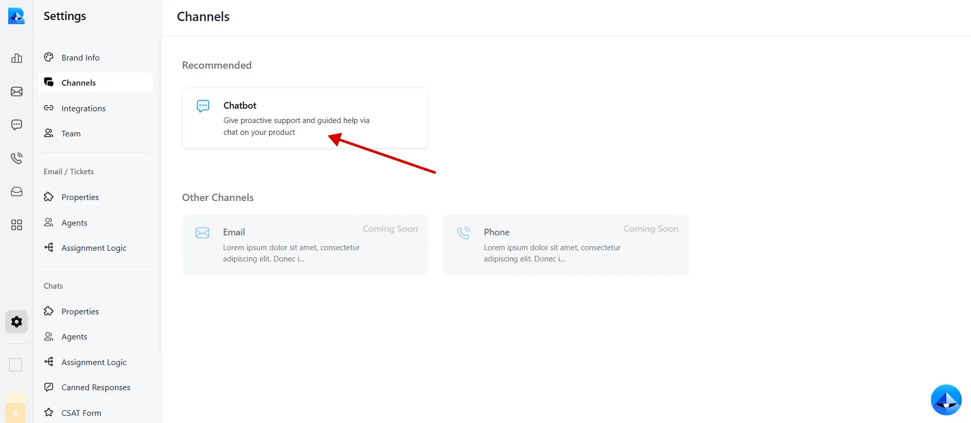 Channels page with the Chatbot widget selected to access bot details