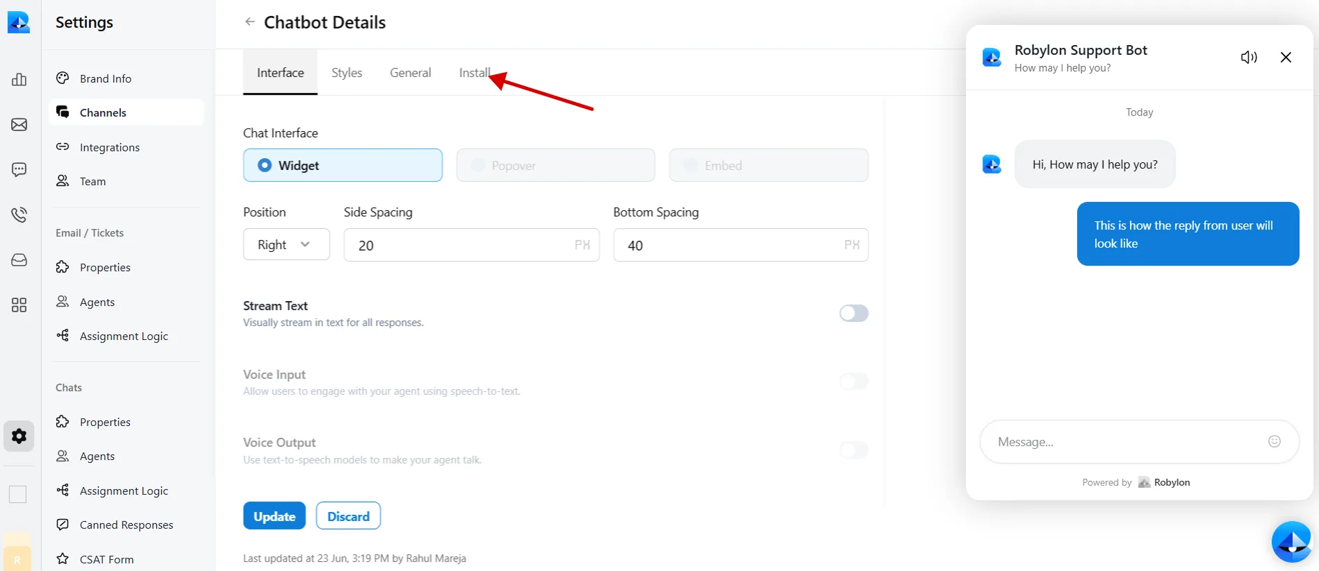 Chatbot details showing the Install tab for adding the widget to Bubble