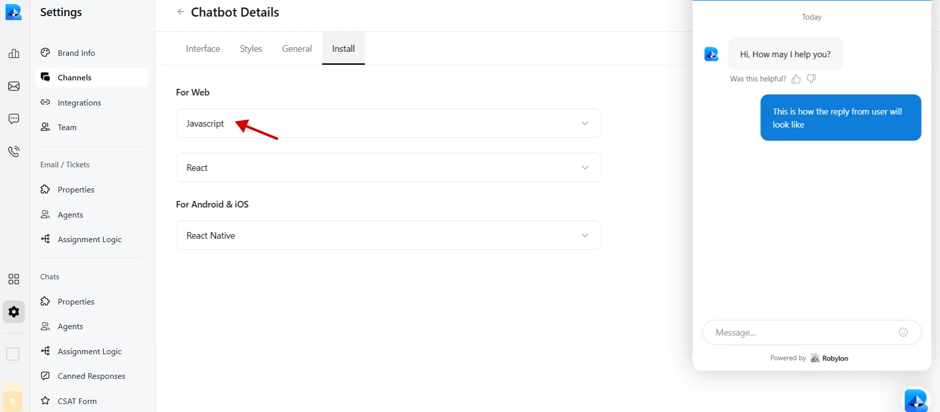 Install tab with the JavaScript embed option chosen for Bubble apps