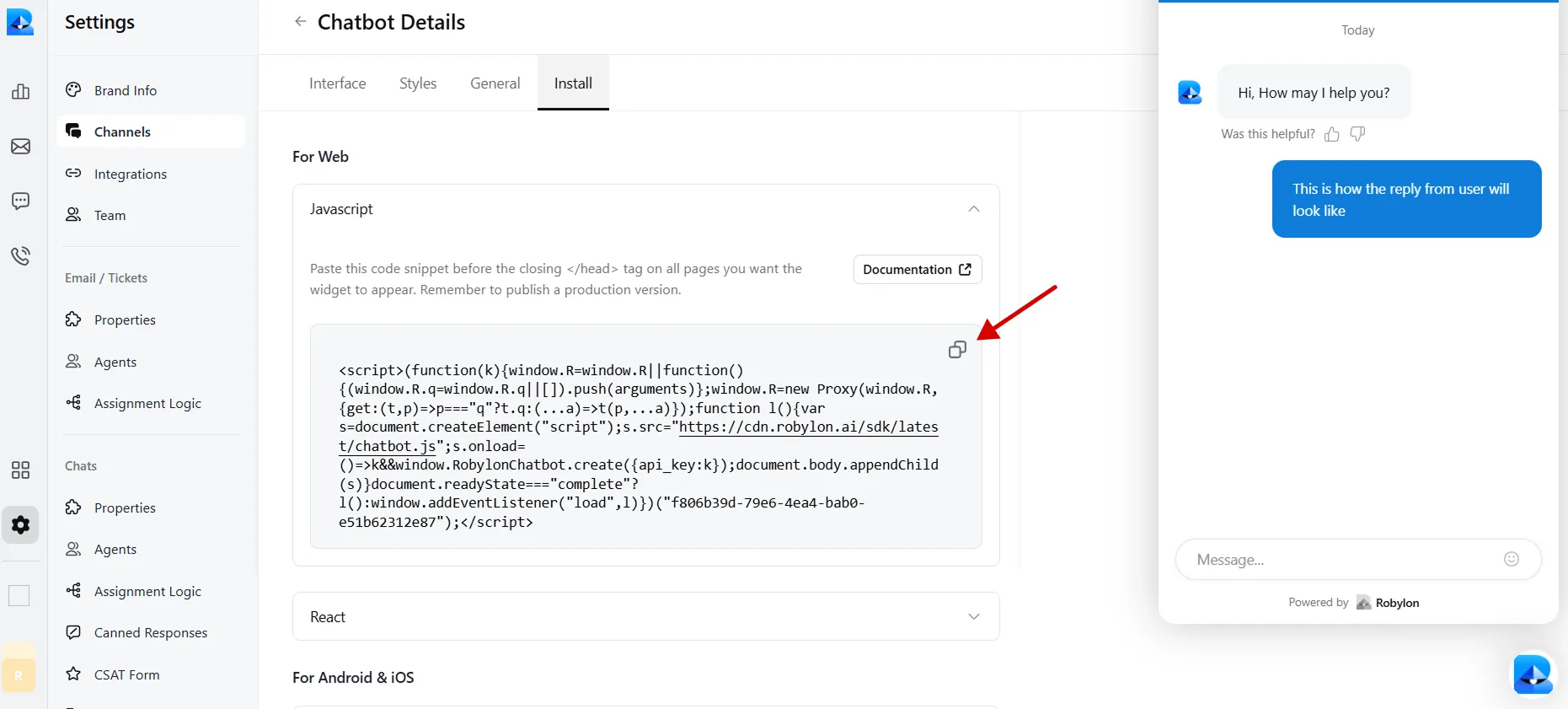 Robylon chatbot Bubble integration embed code snippet in the dashboard