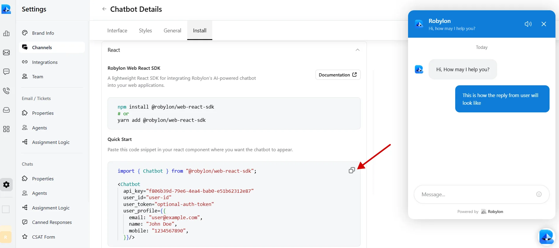 Robylon React embed code snippet ready for copying to the Framer site