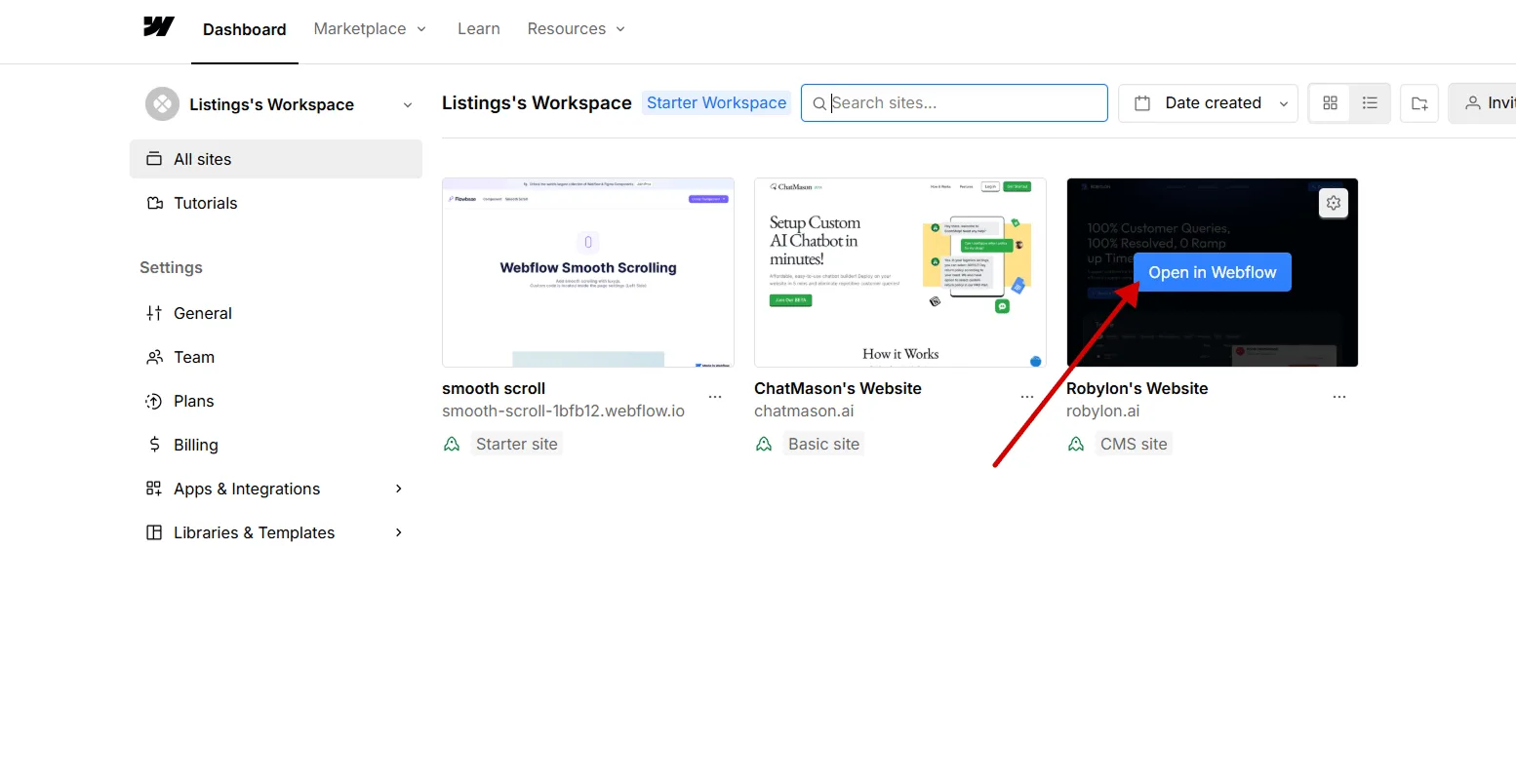 On the Webflow dashboard listing’s workspace, select which site to embed the Robylon chatbot
