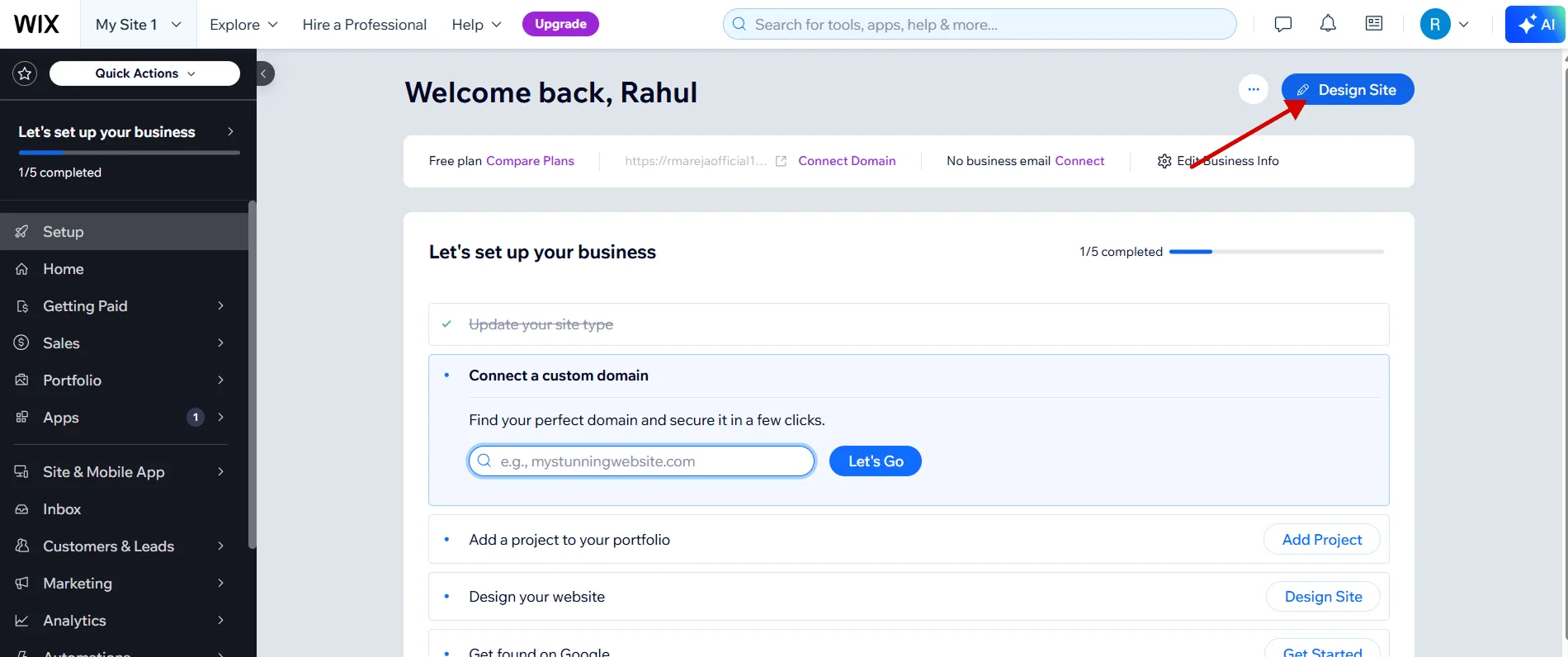 Wix Editor site dashboard selecting page to insert Robylon chatbot