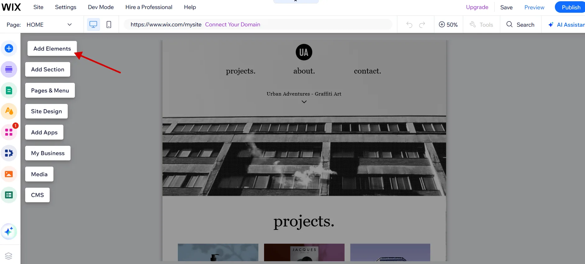 Wix Editor with ‘Add → Embed Code’ (HTML iframe) option in site menu