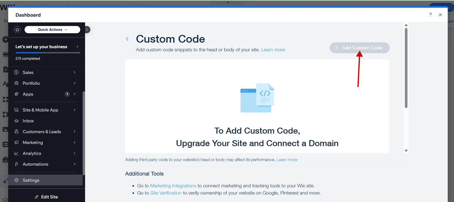 Wix site publish dialog showing the domain and publish button after integration