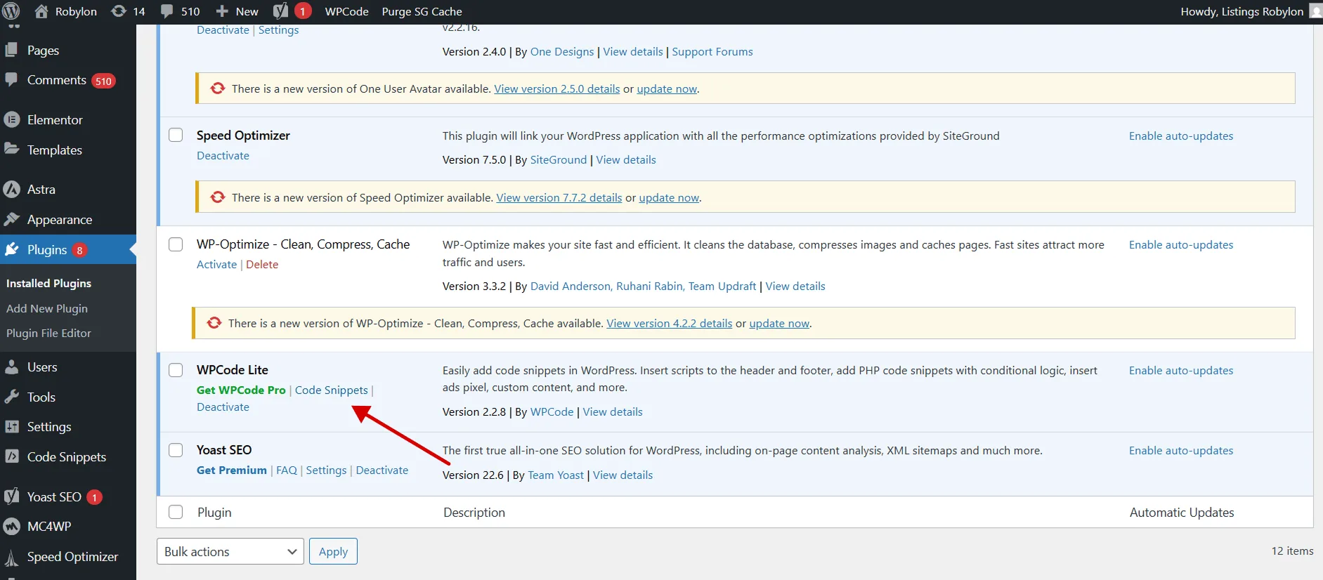 The WordPress sidebar “Code Snippets” menu is visible to embed Robylon code