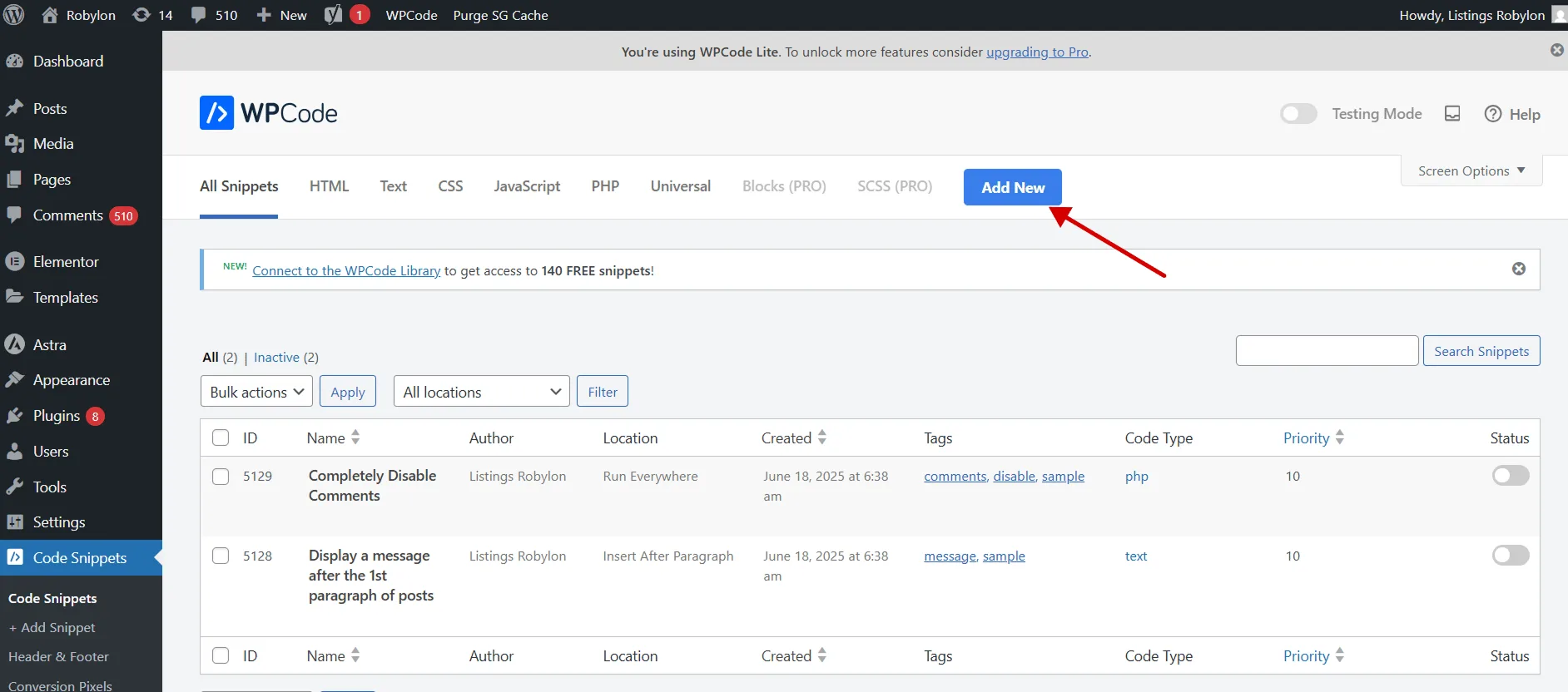 Add a New Snippet page in WordPress showing options to create a custom snippet