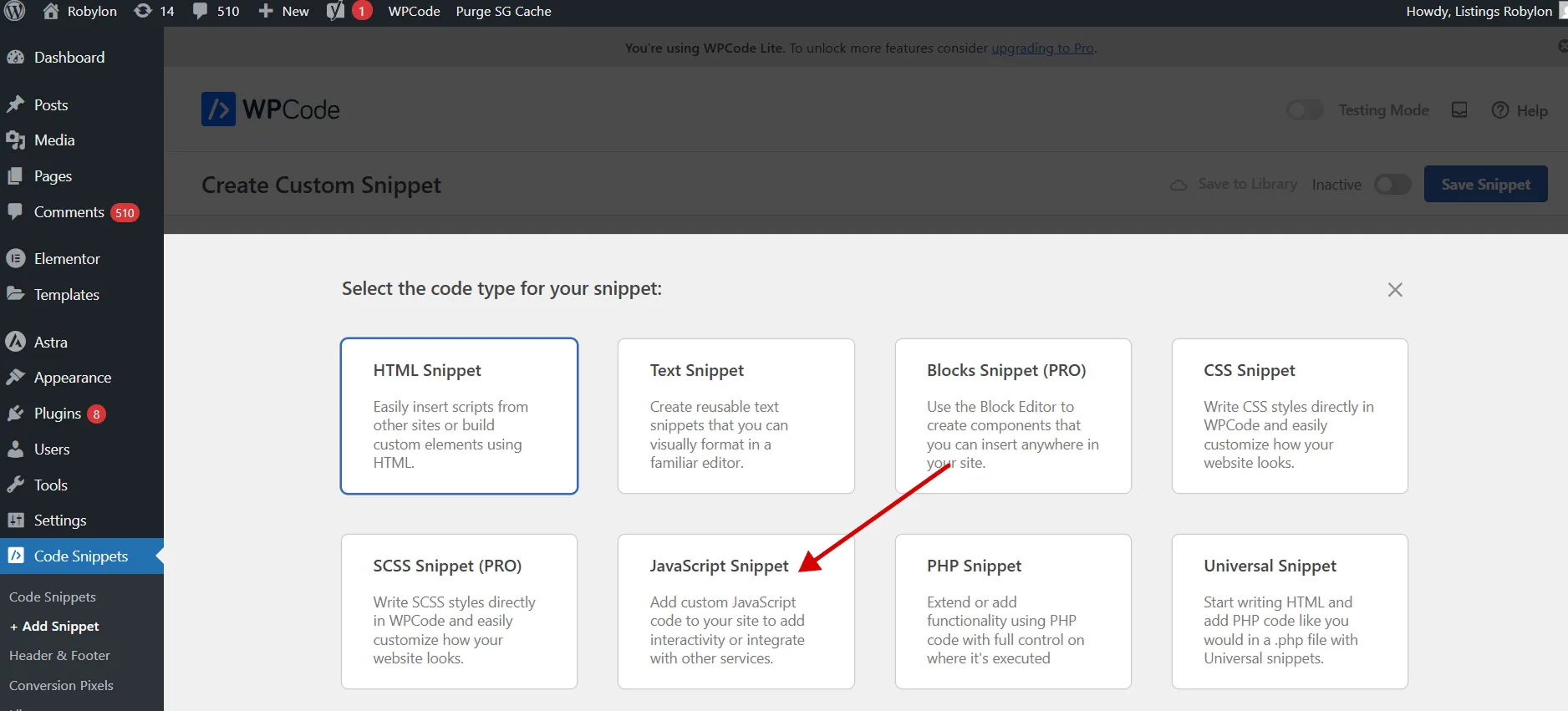 WordPress snippet creation with a prompt to choose the JavaScript snippet type