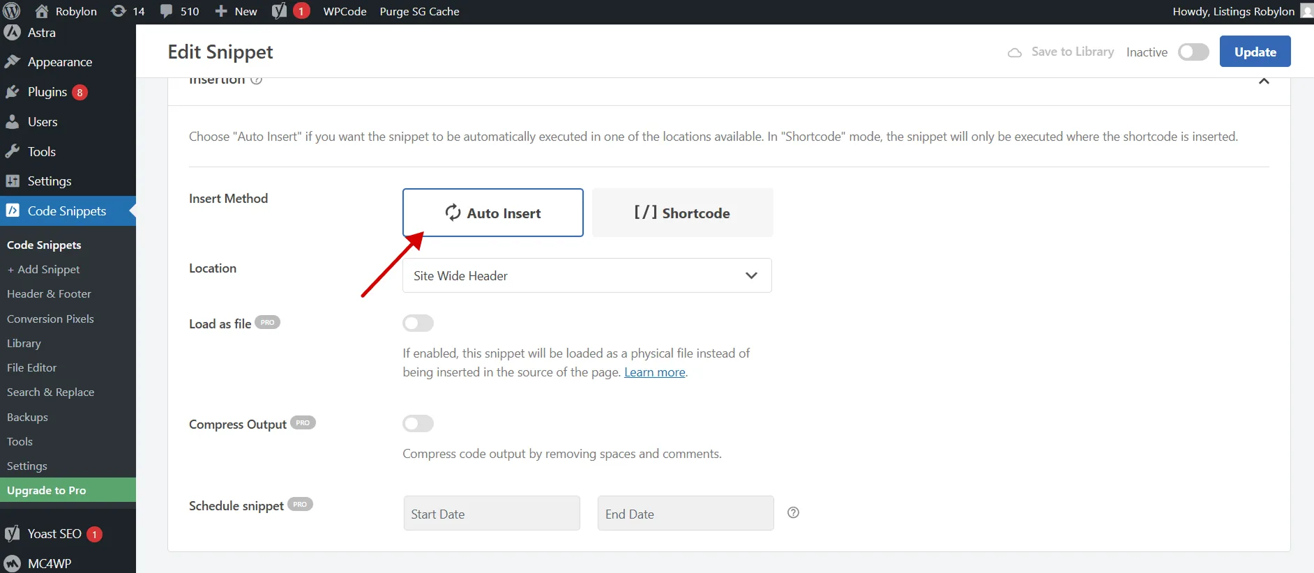 WordPress snippet settings showing “Auto Insert” method selected