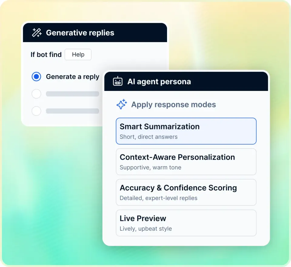 Robylon's generative reply settings: an AI agent persona with four response modes, smart summarization, context-aware personalization, accuracy and confidence scoring, and live preview