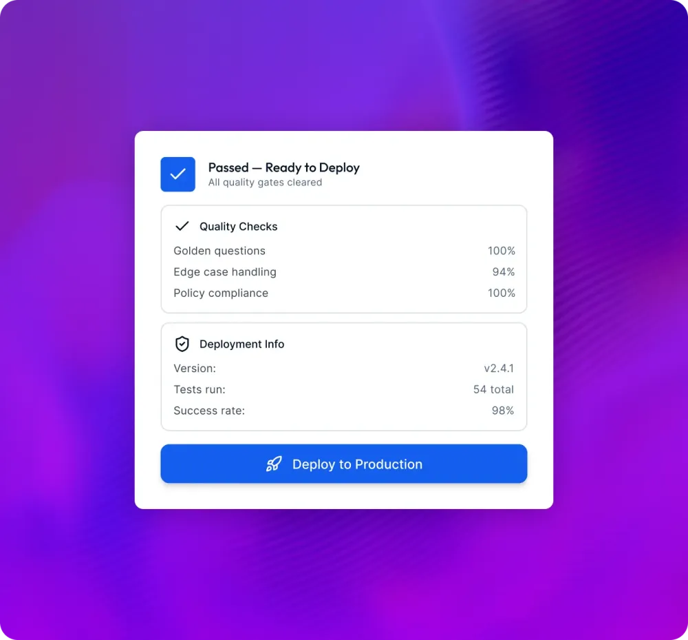 A release that has passed its quality checks on golden questions, edge cases and policy compliance, ready to deploy to production