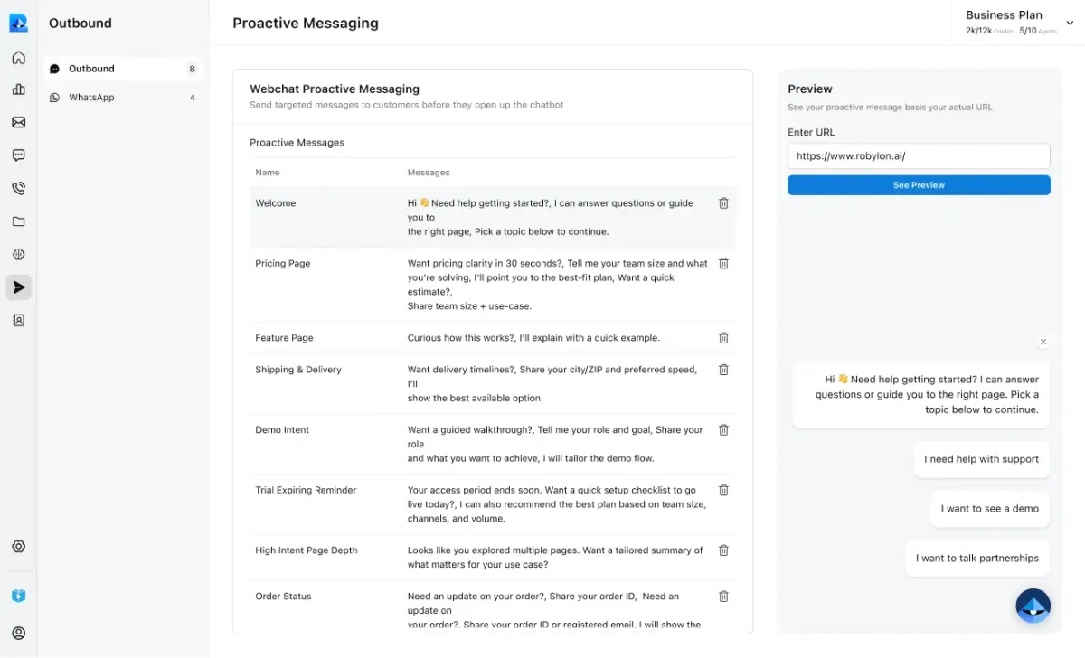 Webchat proactive messaging setup, with a prewritten message for each page and a preview of the chat