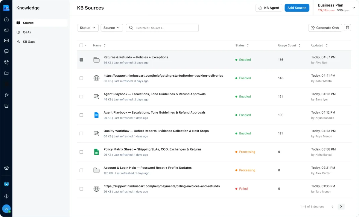 The knowledge sources screen, listing help center articles, policy documents and playbooks the agent learns from