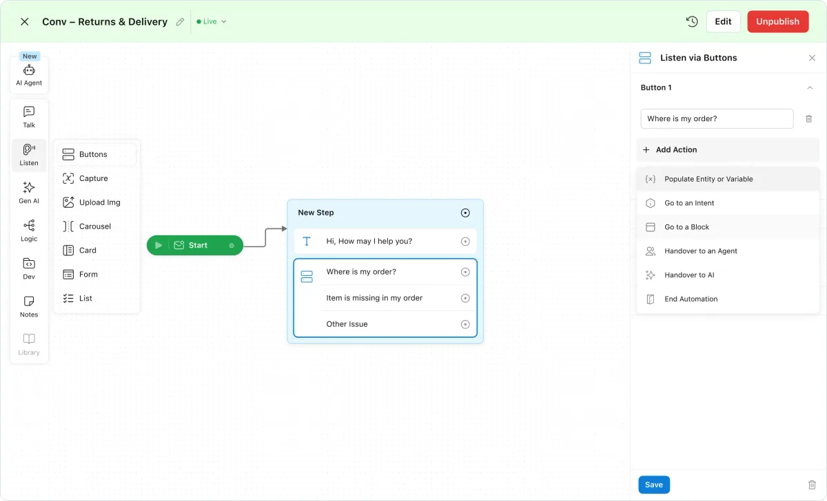 A returns and delivery workflow in the builder, offering "Where is my order?", "Item is missing in my order" and "Other issue" as buttons