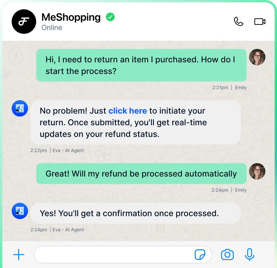 AI chat resolving a return and issuing a refund against the order