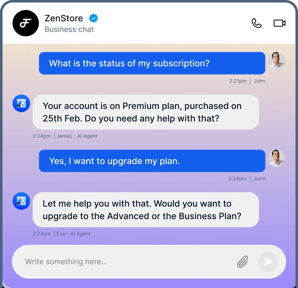 AI chat handling a subscription upgrade and a billing question